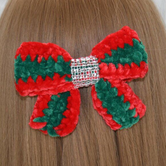 Hand Crafted Other - HAND CRAFTED Hairbow Kids Christmas Crochet Chenille Velvet Hair Barrette Stripe